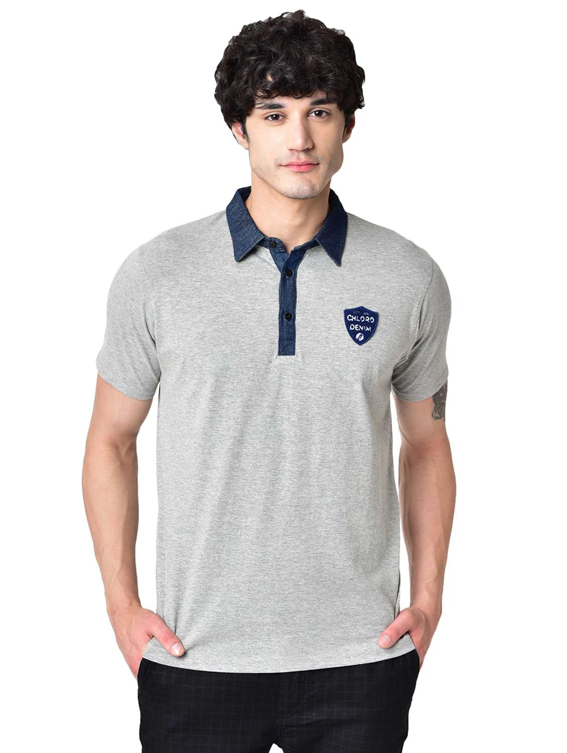 grey solid organic cotton collared t-shirt