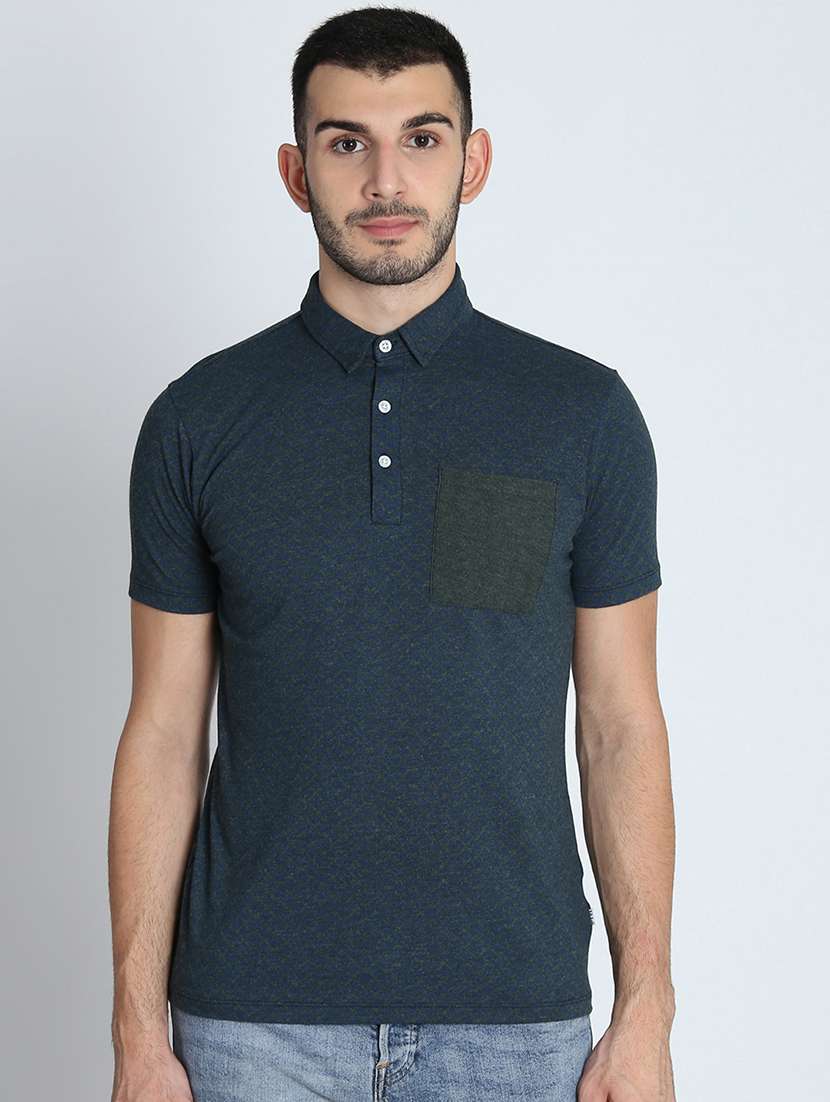 blue self design pocket t-shirt