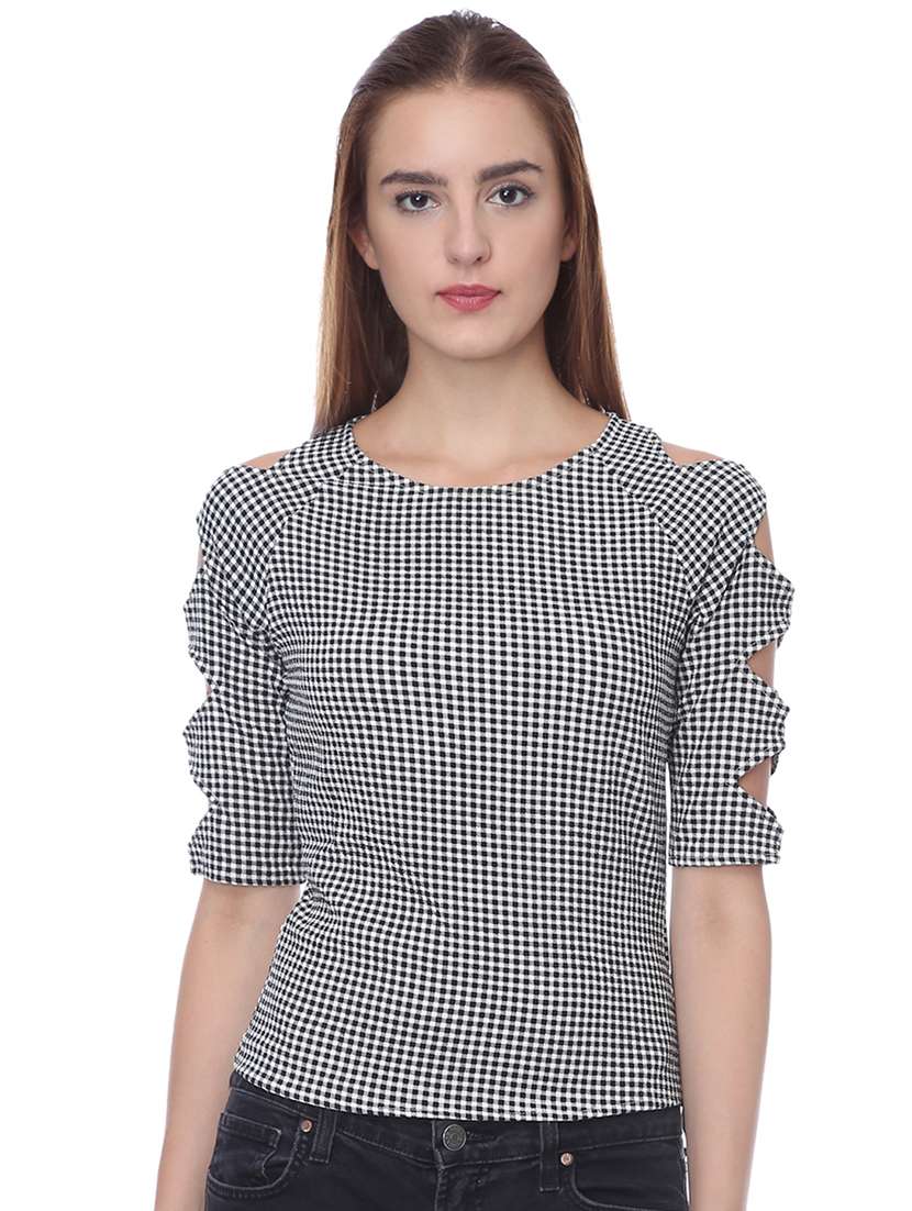 cut out sleeved gingham checkered top 