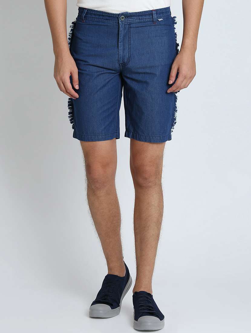blue solid denim shorts