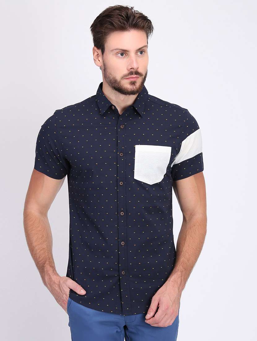navy blue polka dot print casual shirt