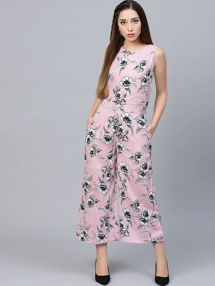 round neck striped full leg jumpsuit