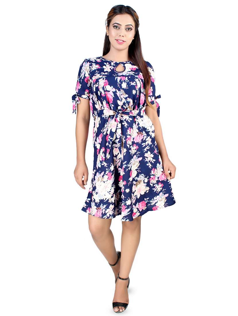 tie knot sleeved floral a-line dress