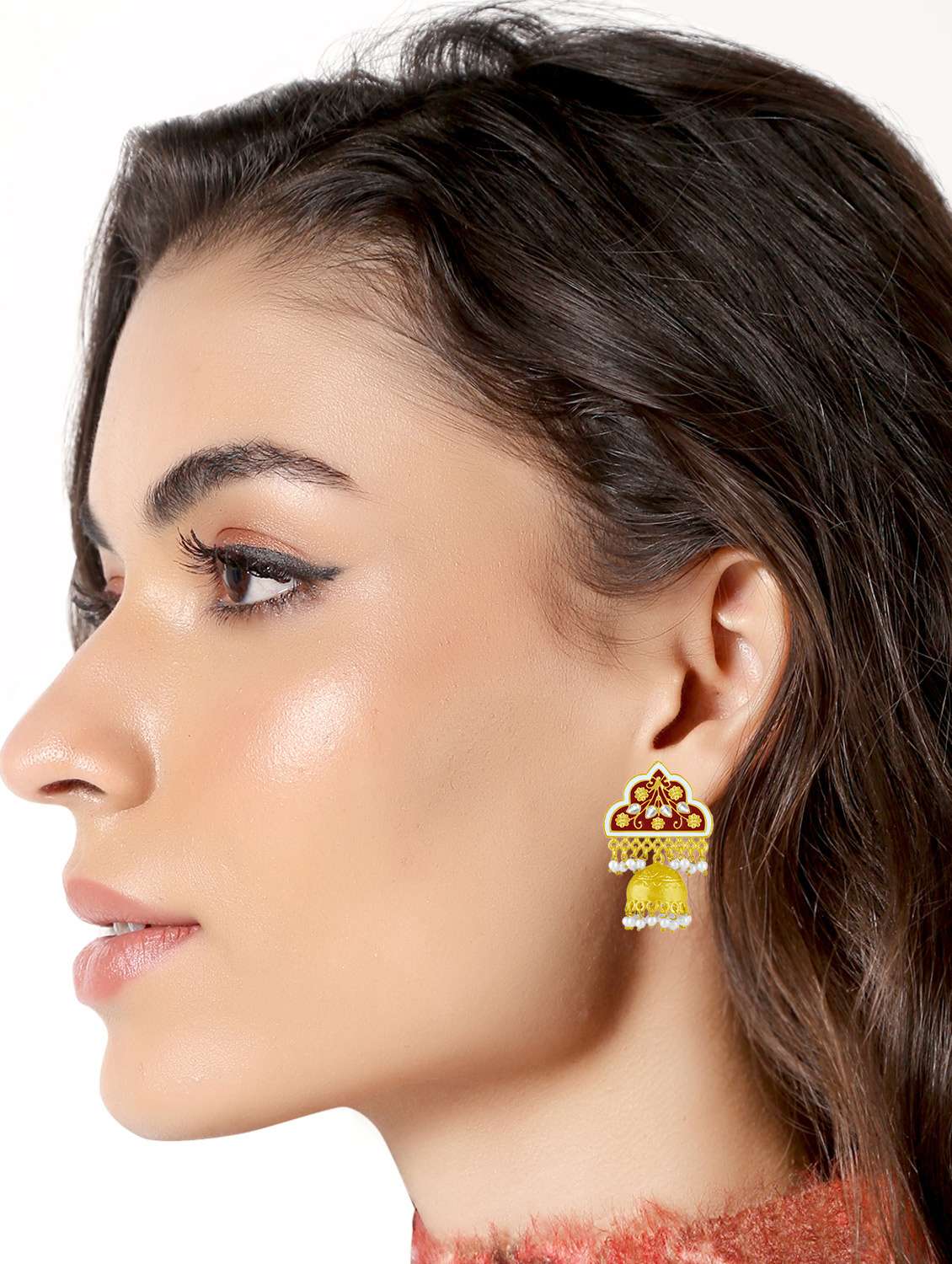 red metal jhumka earring - 16711461 -  Standard Image - 2