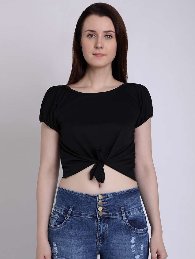 tie knot slit sleeved crop top