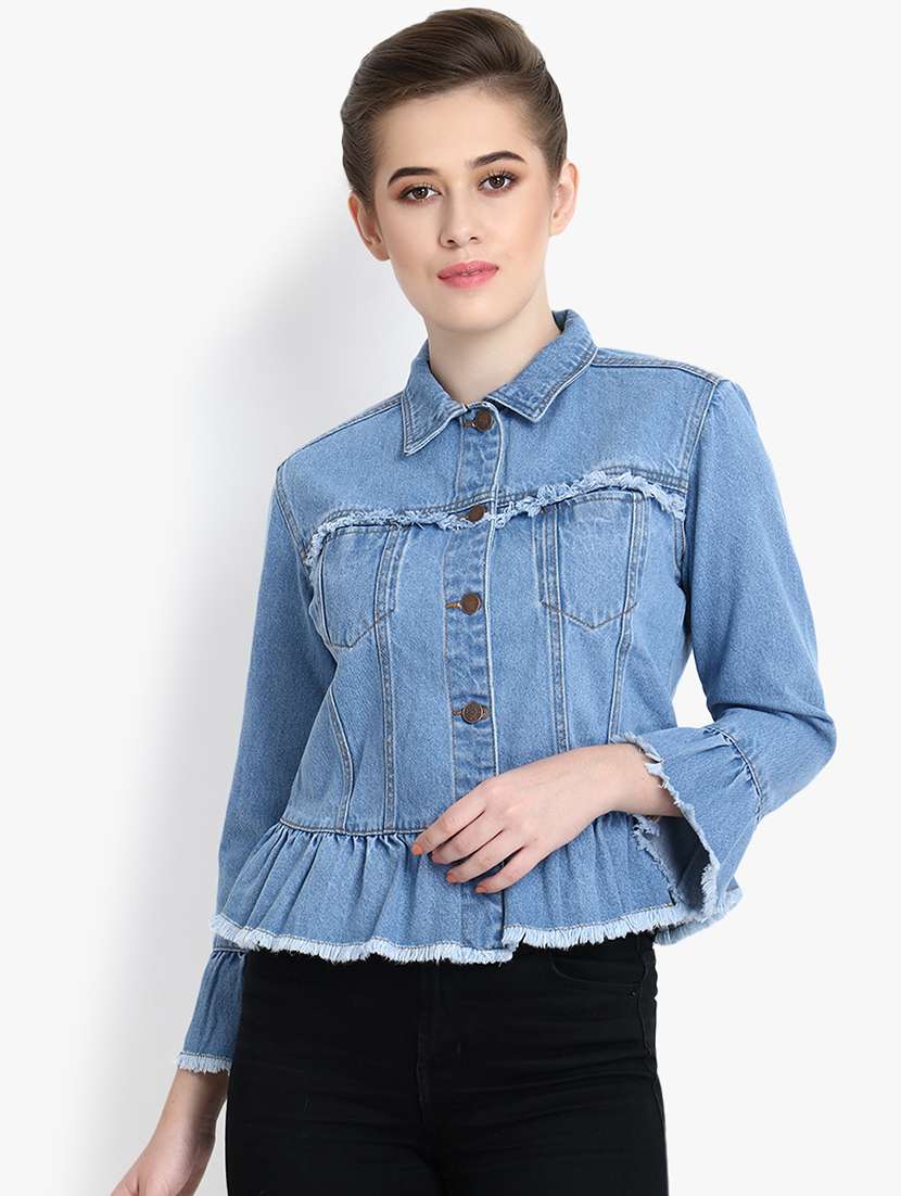 frayed detail gathered hem denim jacket