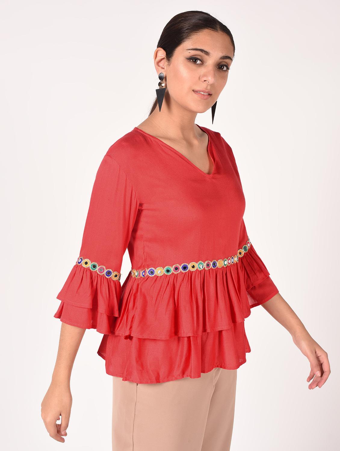 v neck mirror work layered top - 16721201 - Standard Image - 2