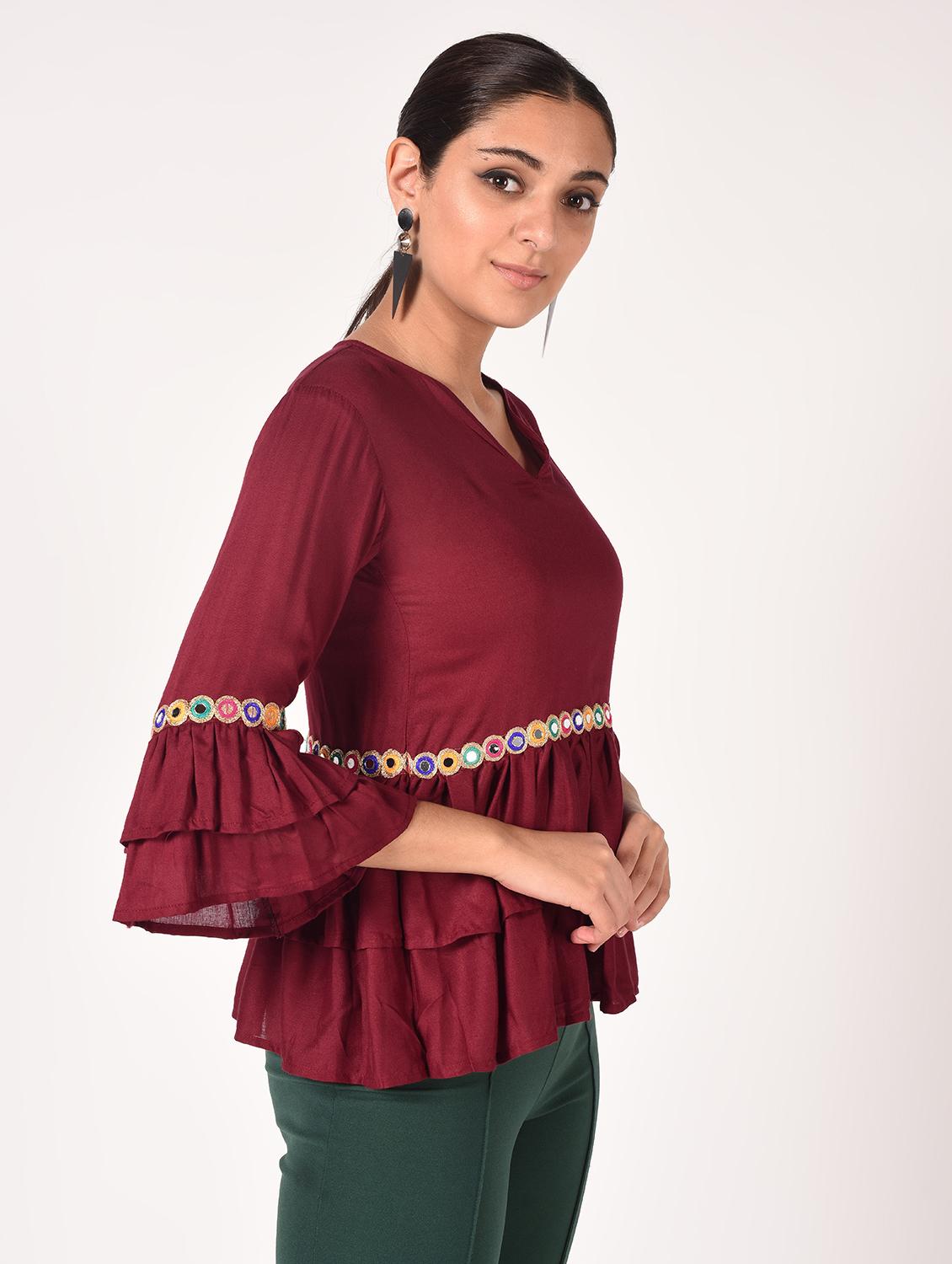 v neck mirror work layered top - 16721204 - Standard Image - 2