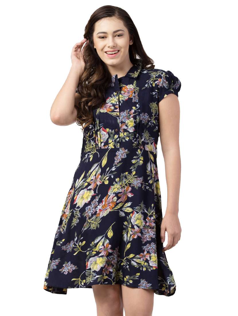puff sleeved floral a-line dress