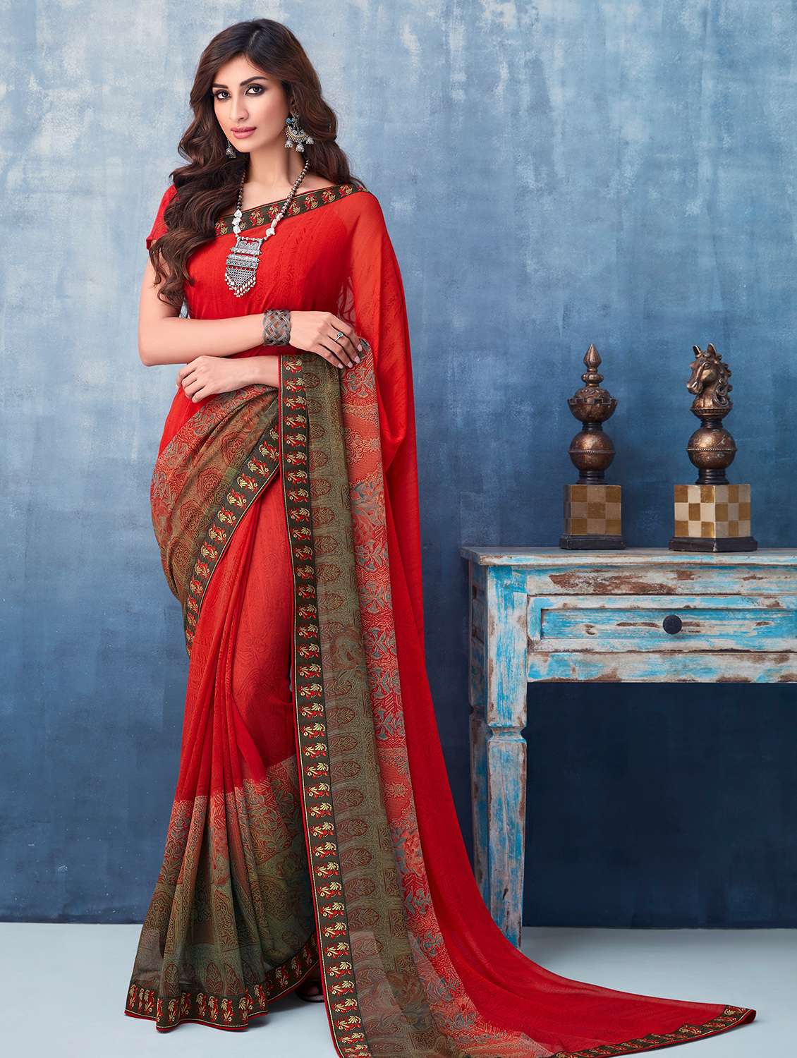 printed bordered saree with blouse