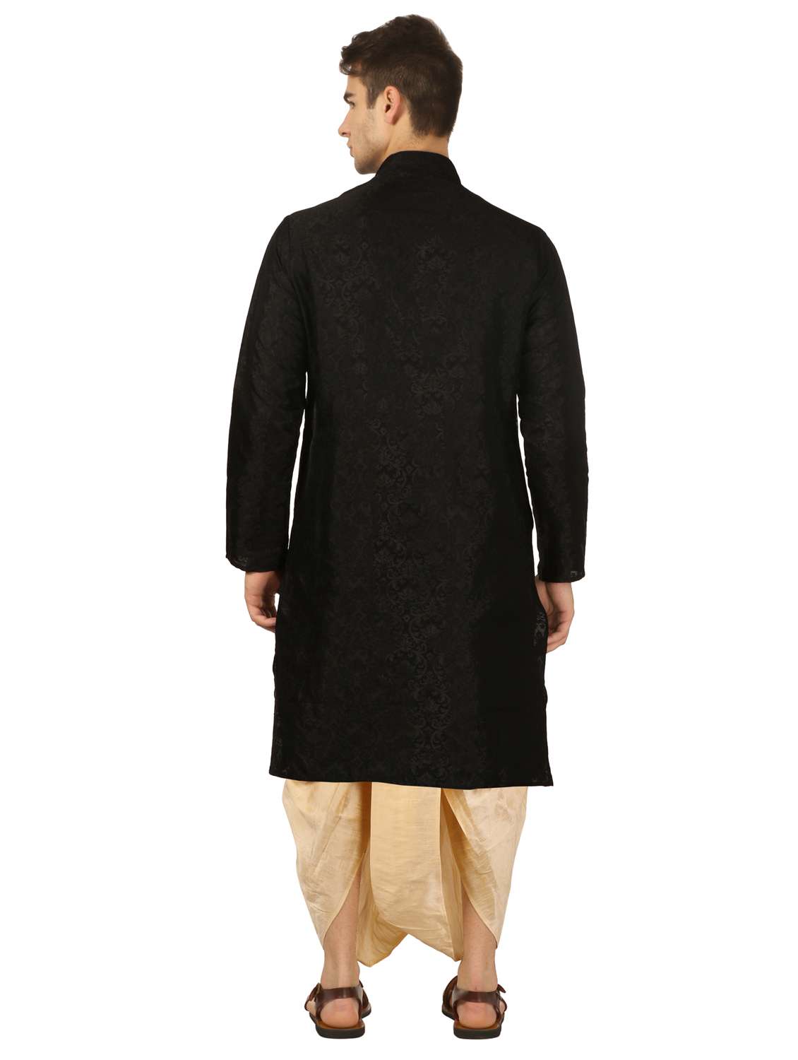 black pure silk brocade dhoti kurta set - 16735443 - Standard Image - 2