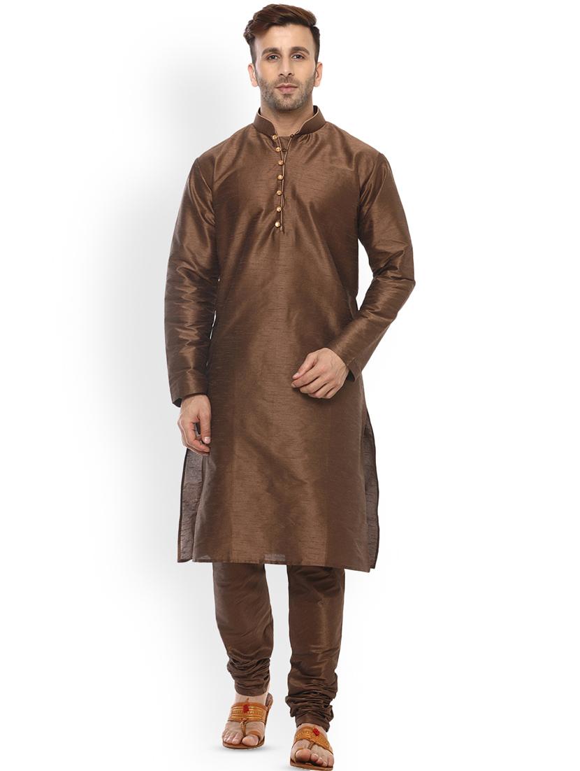 brown pure silk solid kurta pyjama set