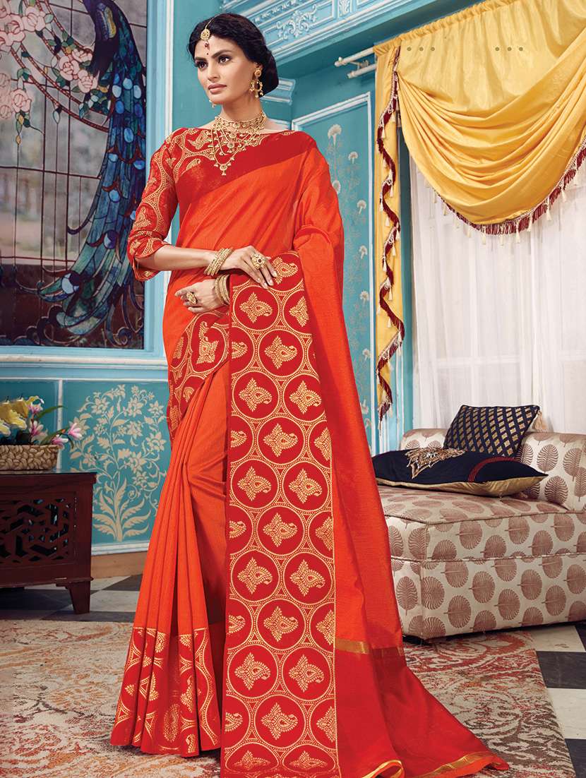 women's self design orange colored saree