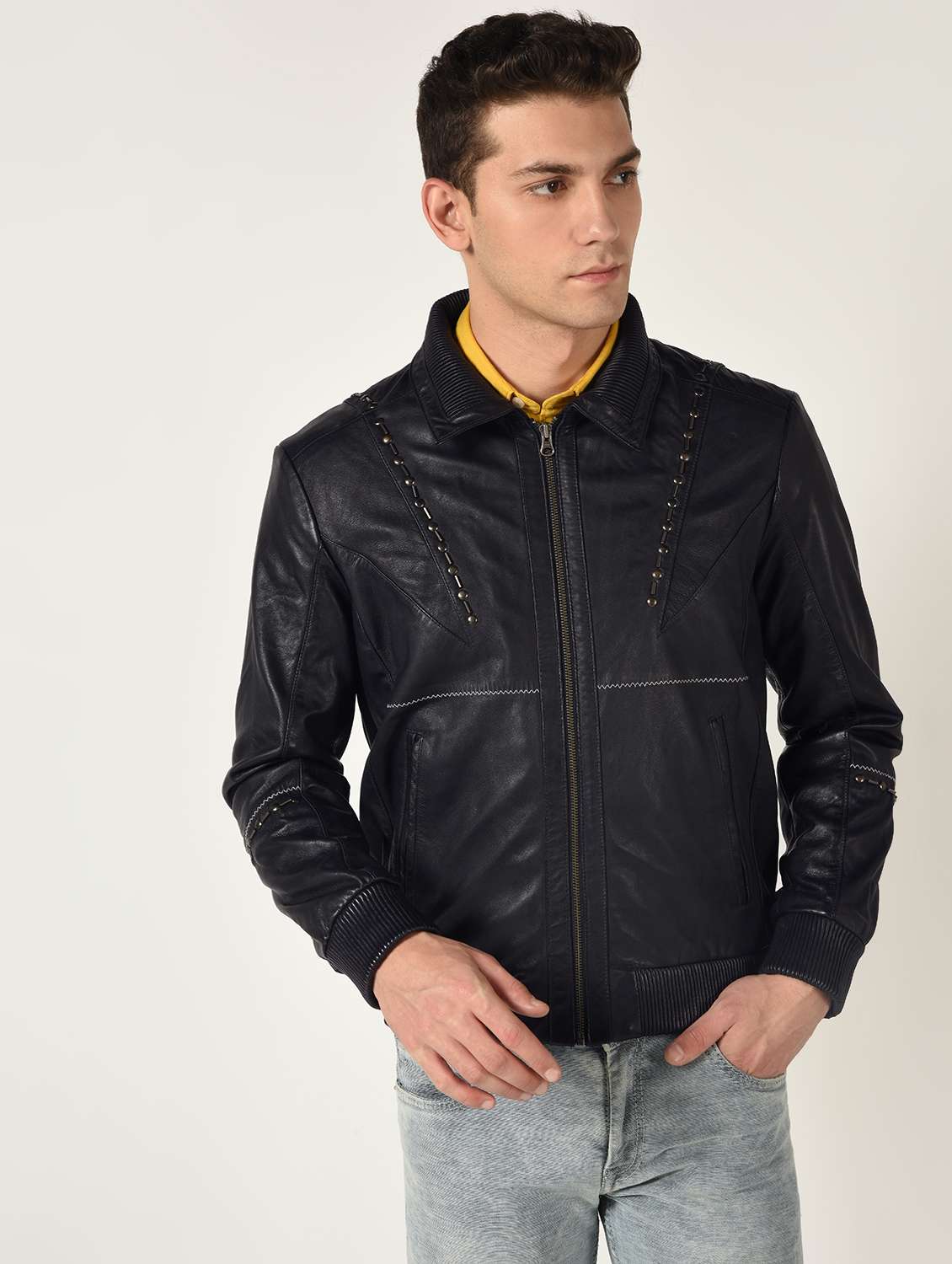 blue solid 100% lamb leather jacket