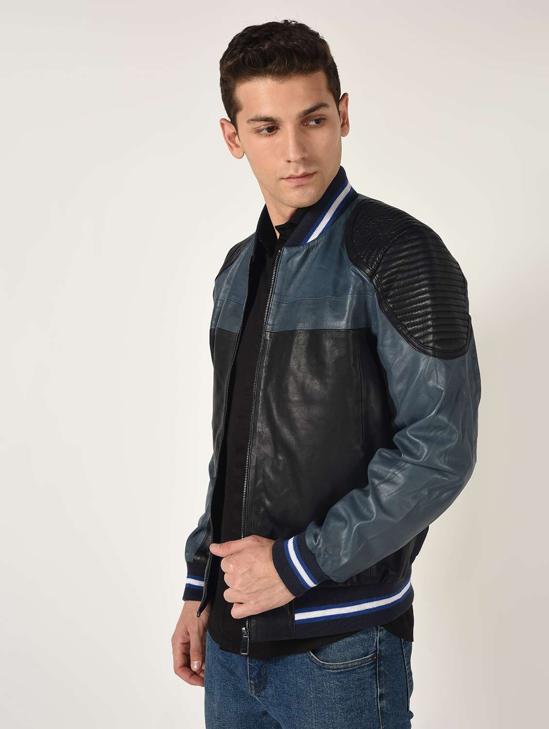 black color block 100% lamb leather jacket