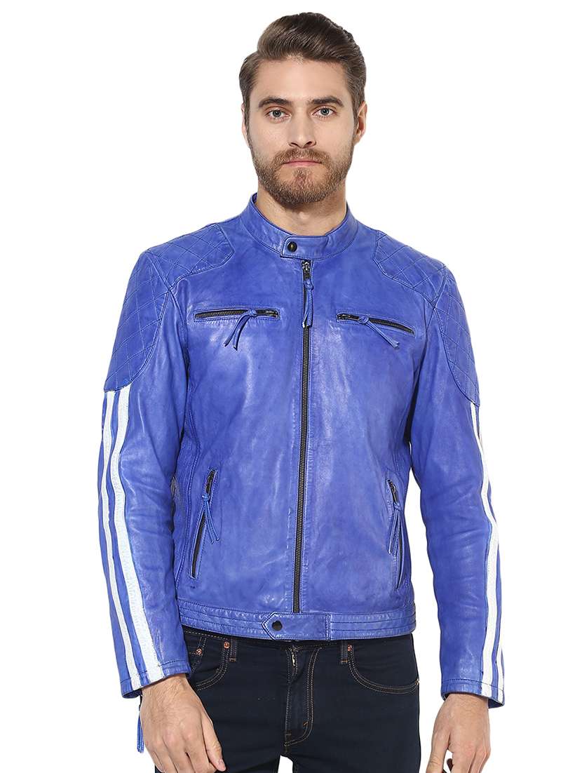 blue side striped 100% lamb leather jacket