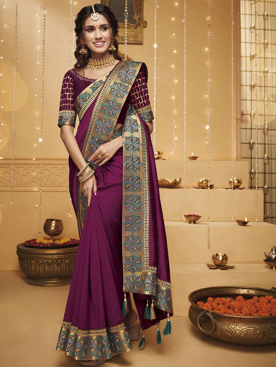 solid bordered saree with blouse