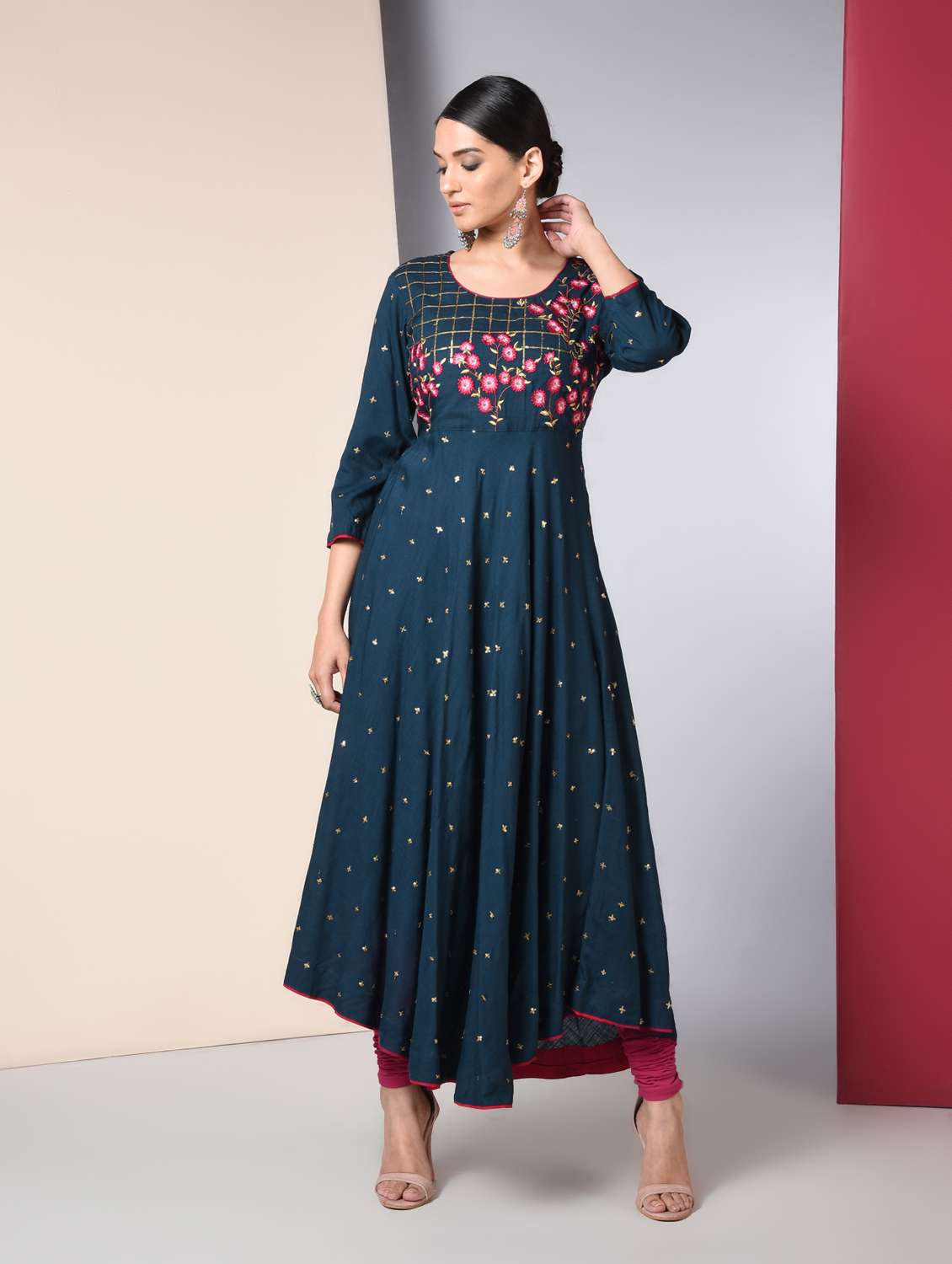 teal embroidered flared kurta