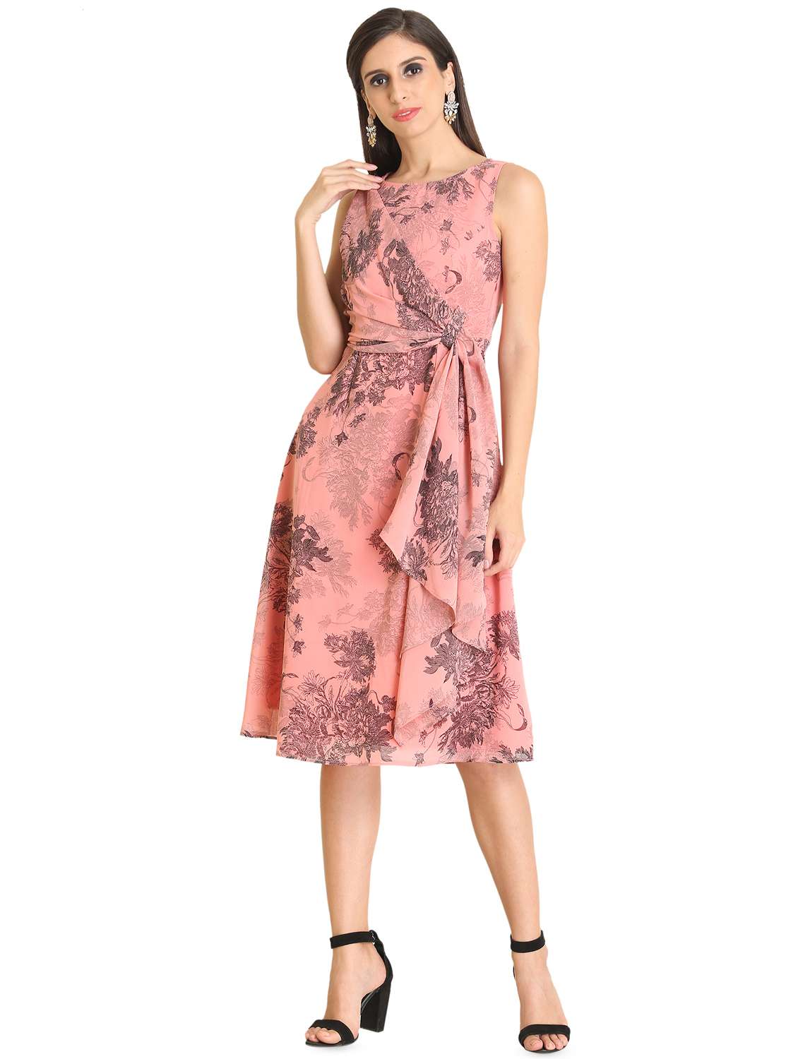 drape detail round neck a-line dress