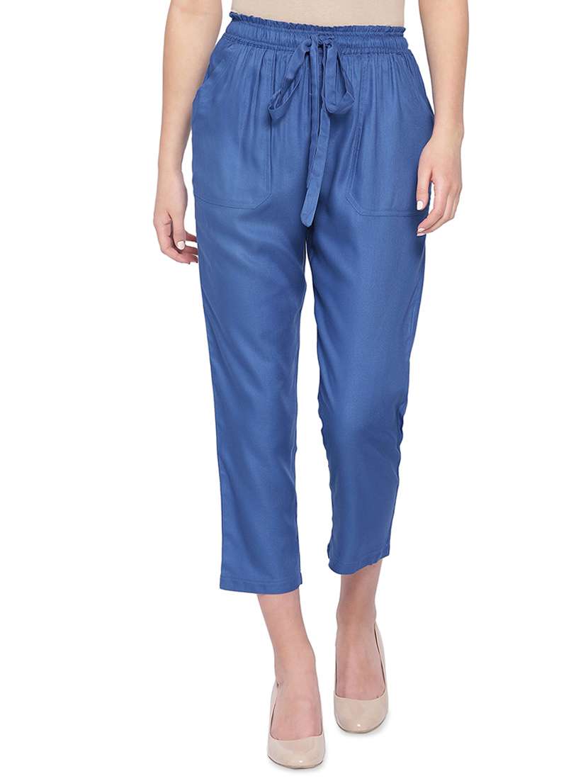 women solid light blue flat front trouser