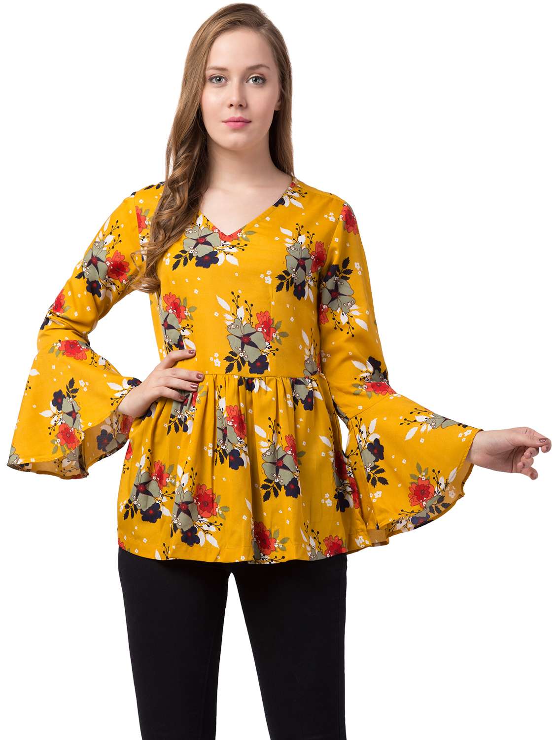 bell sleeved floral a-line top 