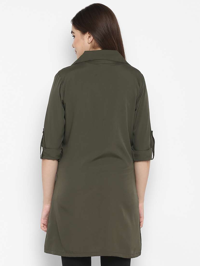 green lapel neck solid trench coat - 16754214 - Standard Image - 2