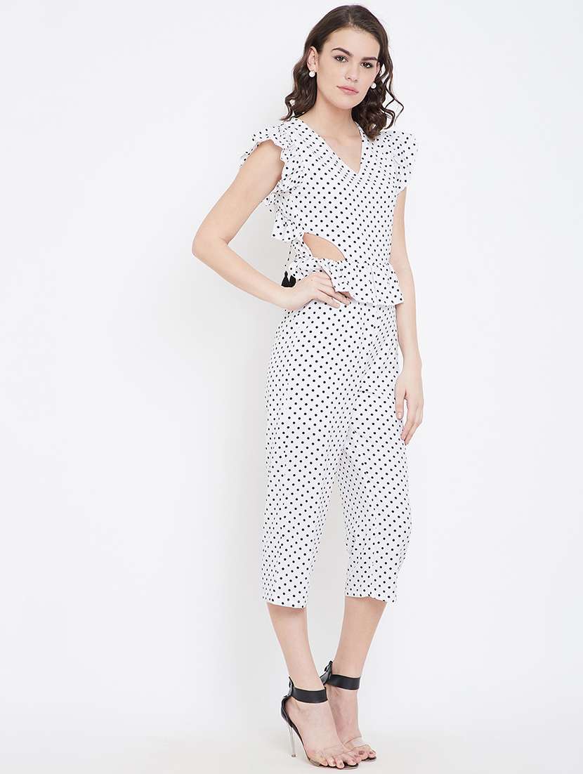 frill trim cut out detail polka dot jumpsuit