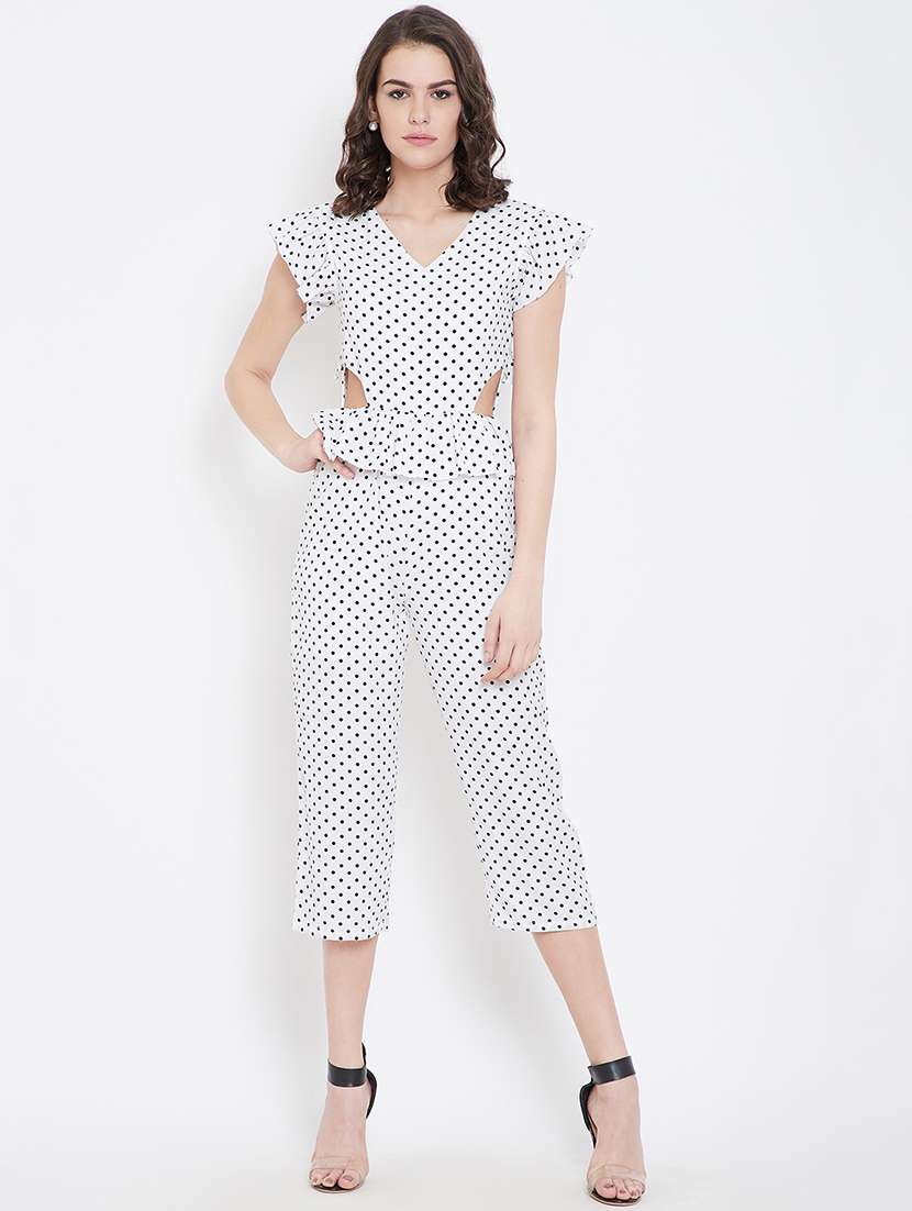 frill trim cut out detail polka dot jumpsuit - 16764184 -  Standard Image - 2