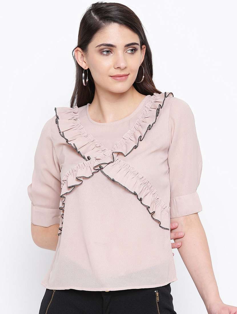 women's ruffle round neck top