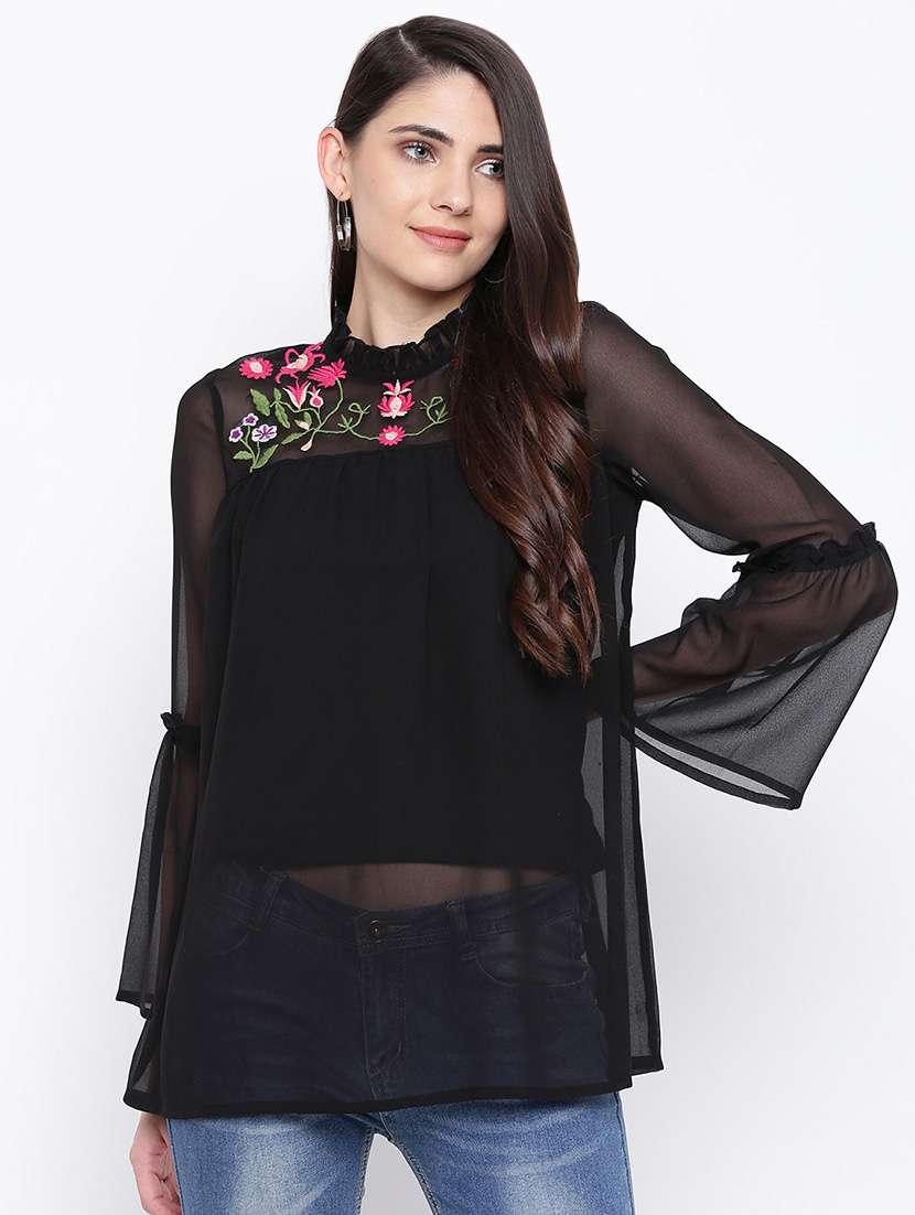 embroidered detail bell sleeved sheer top 