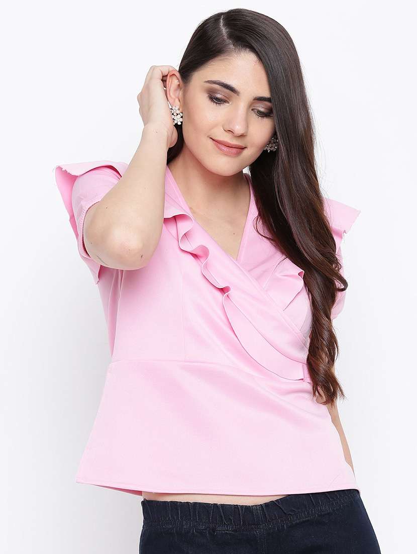 women's ruffle overlap neck top