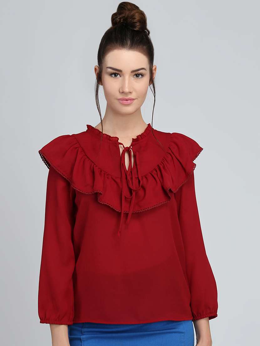 women's ruffle tie-up neck top
