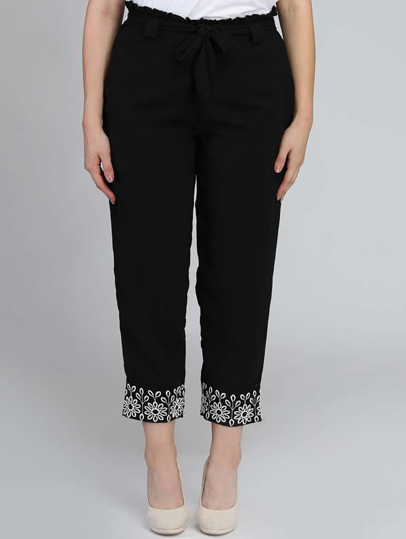 solid with lace flat front cigarette pants