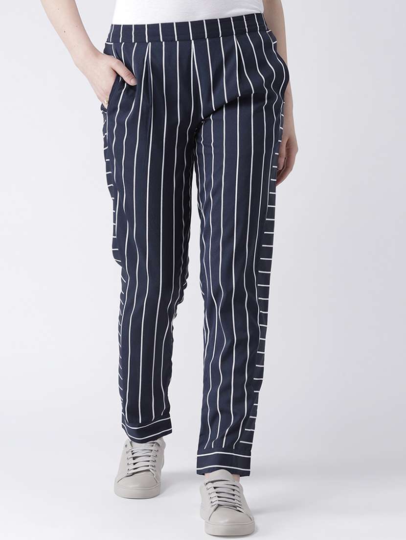 women striped pleated cigarette pants