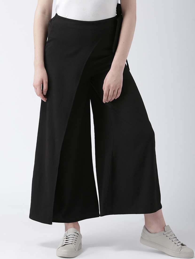Solid Flat Front Wide Leg Overlap Trouser