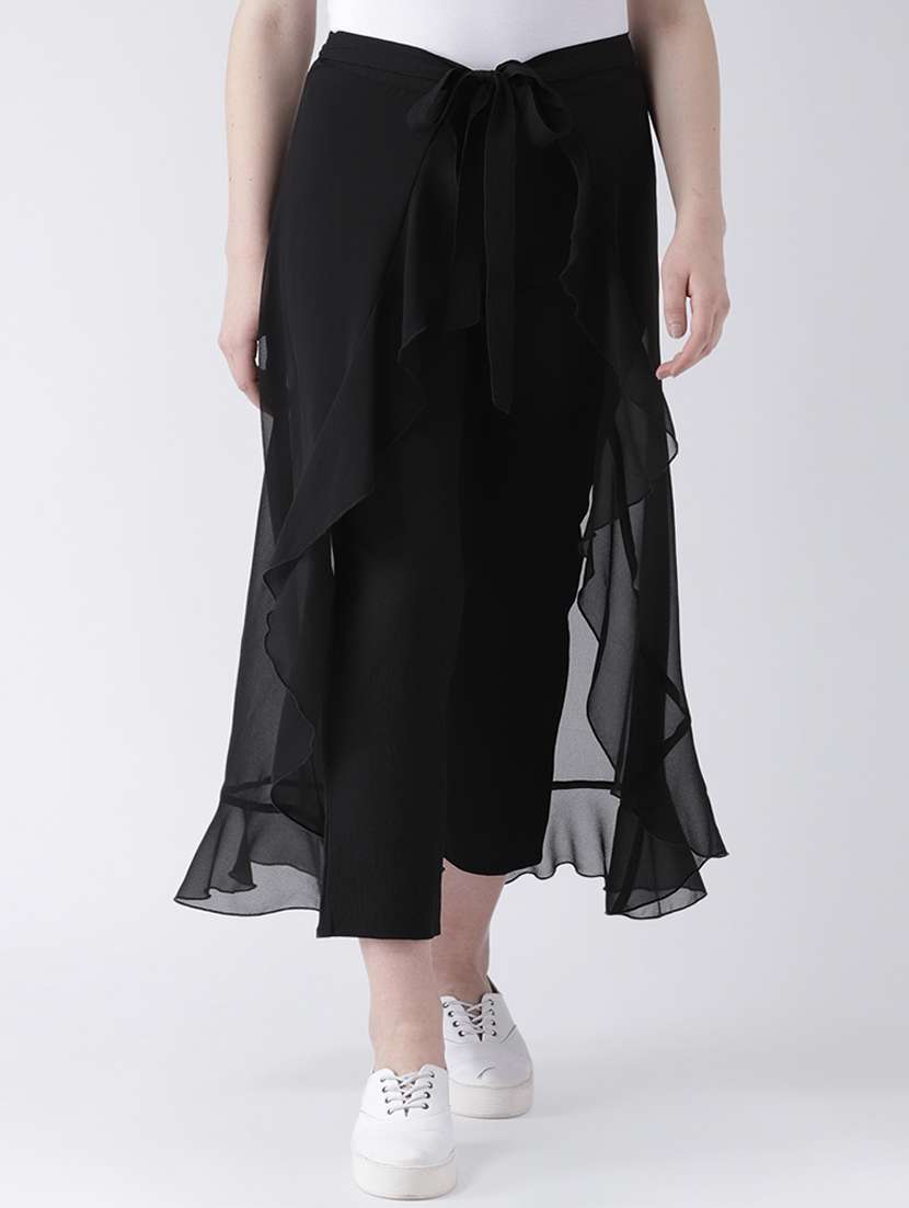 solid flat front layered ruffle trouser