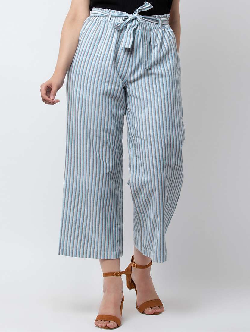 striped flat front wide leg trouser