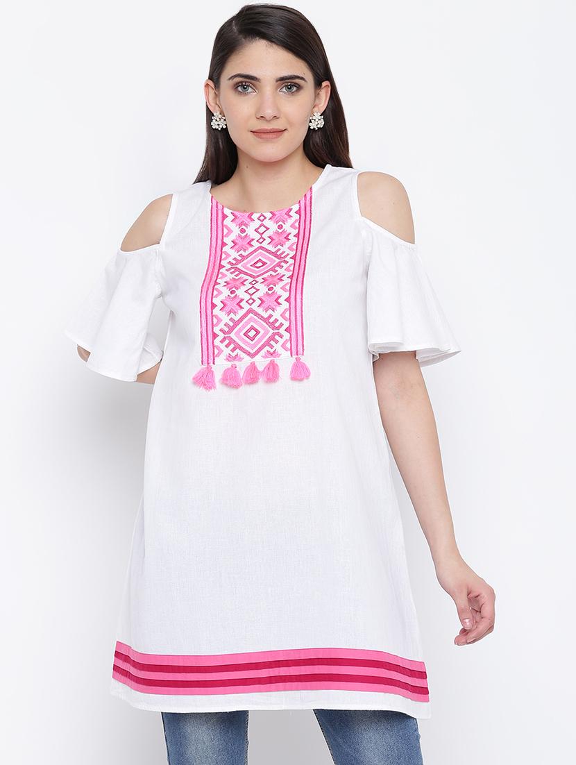 white embroidered cold shoulder a-line tunic