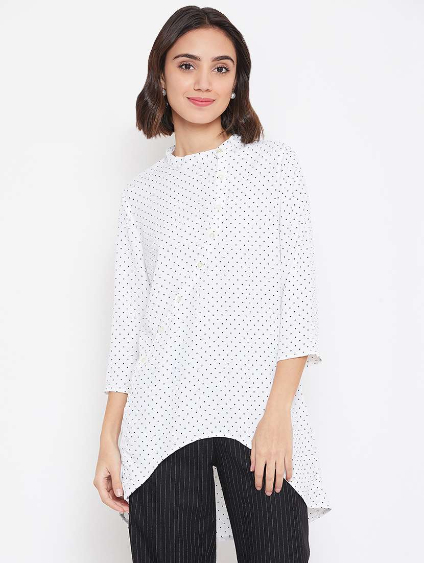 white mandarin neck polka dot high low tunic
