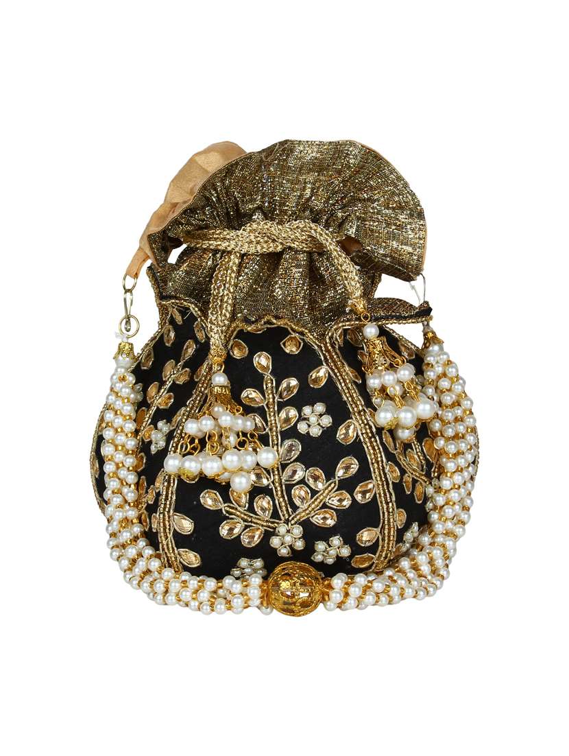 black faux silk ethnic potli