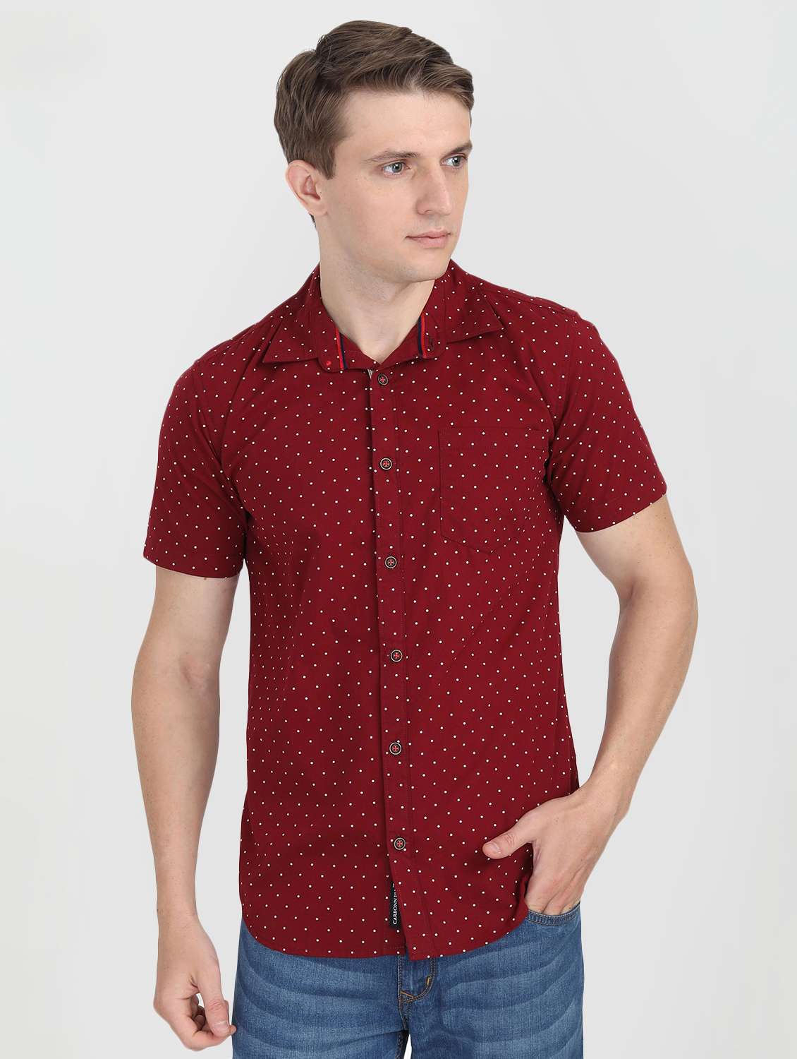 red polka dotted casual shirt