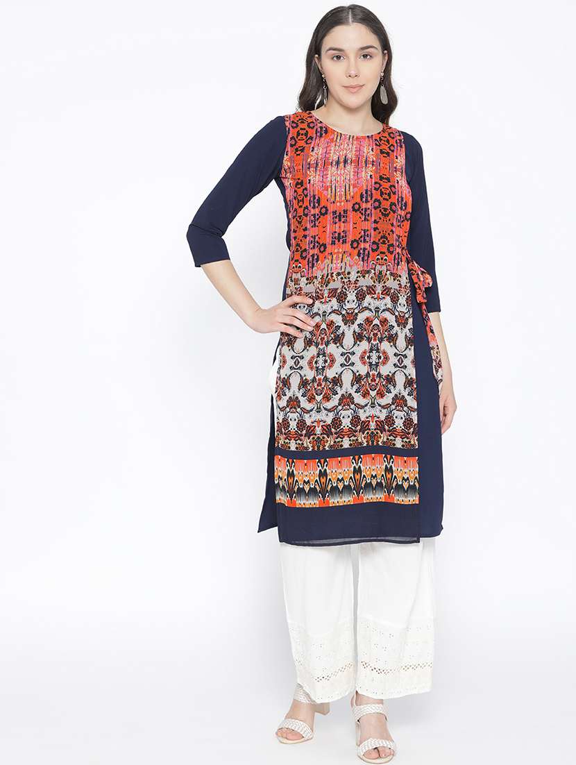 navy blue printed straight kurta 