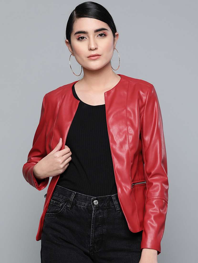 round neck leather jacket 