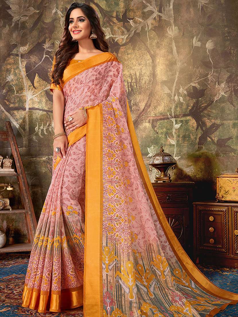 women's printed pink colored saree with blouse