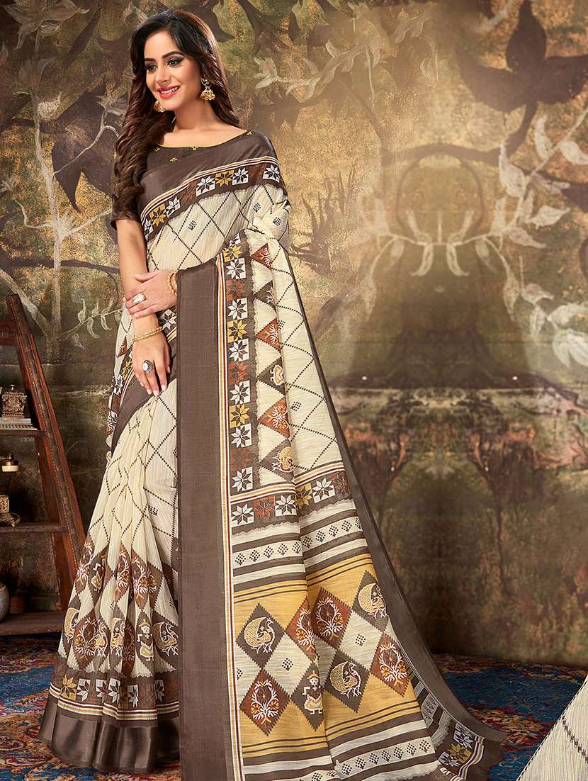 women's printed off white colored saree