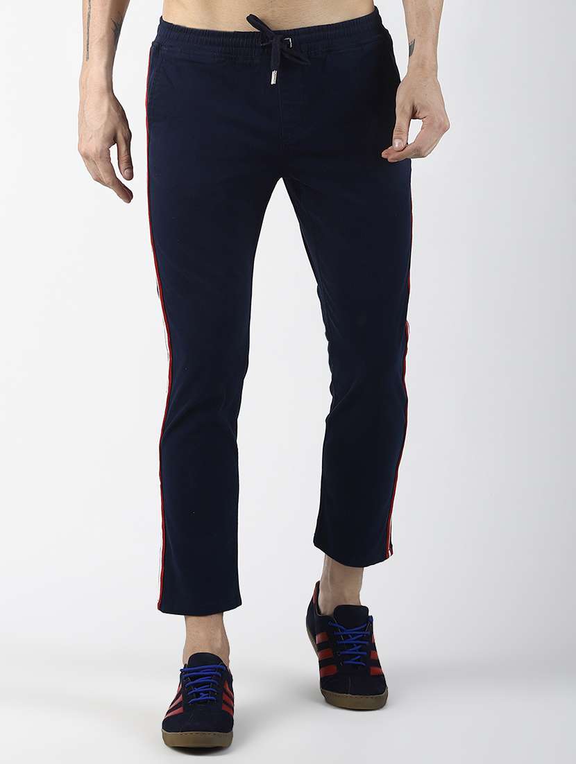 navy blue side taped ankle length track pant