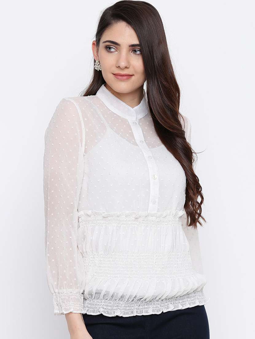 women's blouson mandarin neck top