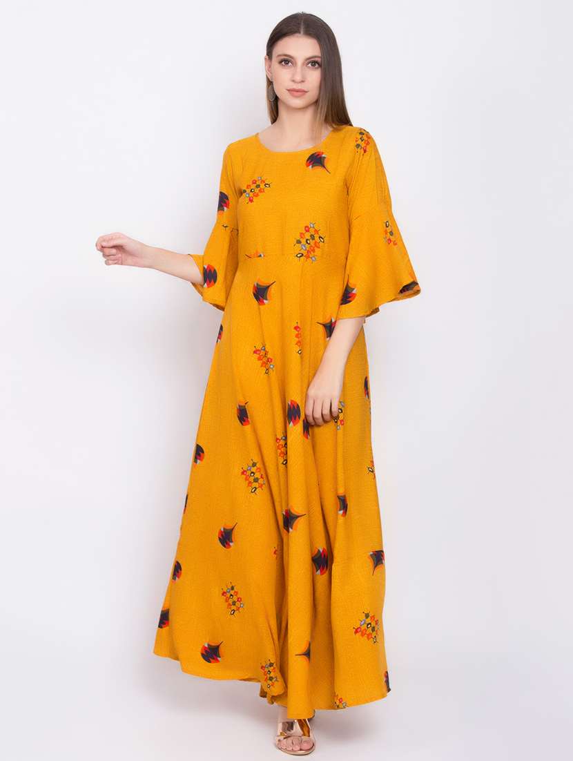 bell sleeved printed maxi dress
