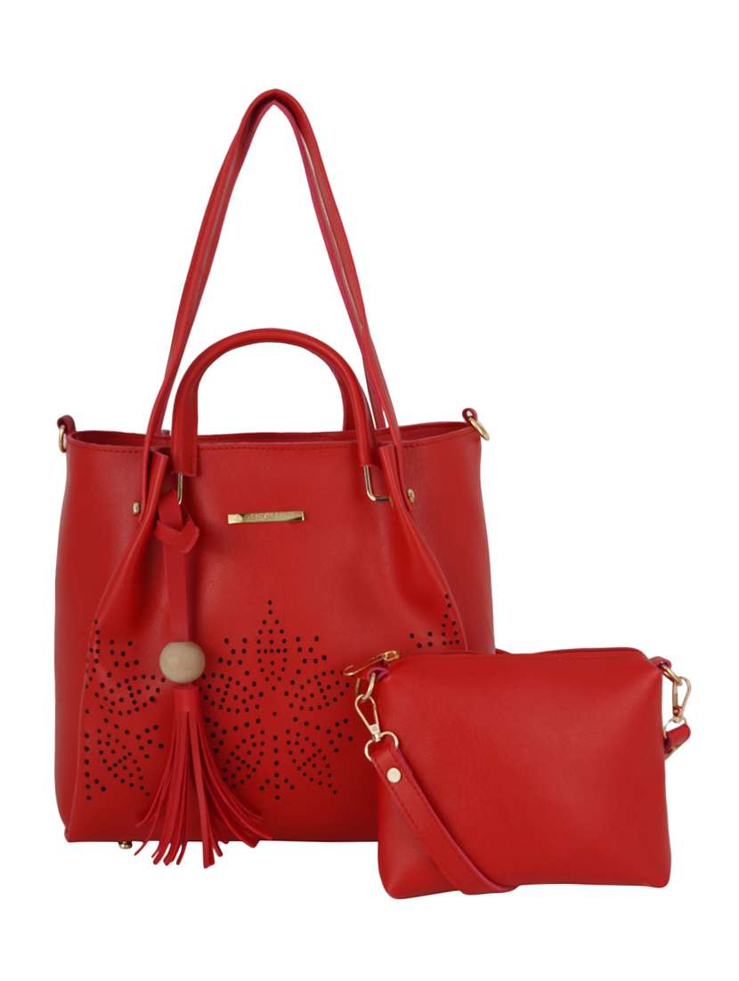 red leatherette solid handbag combo