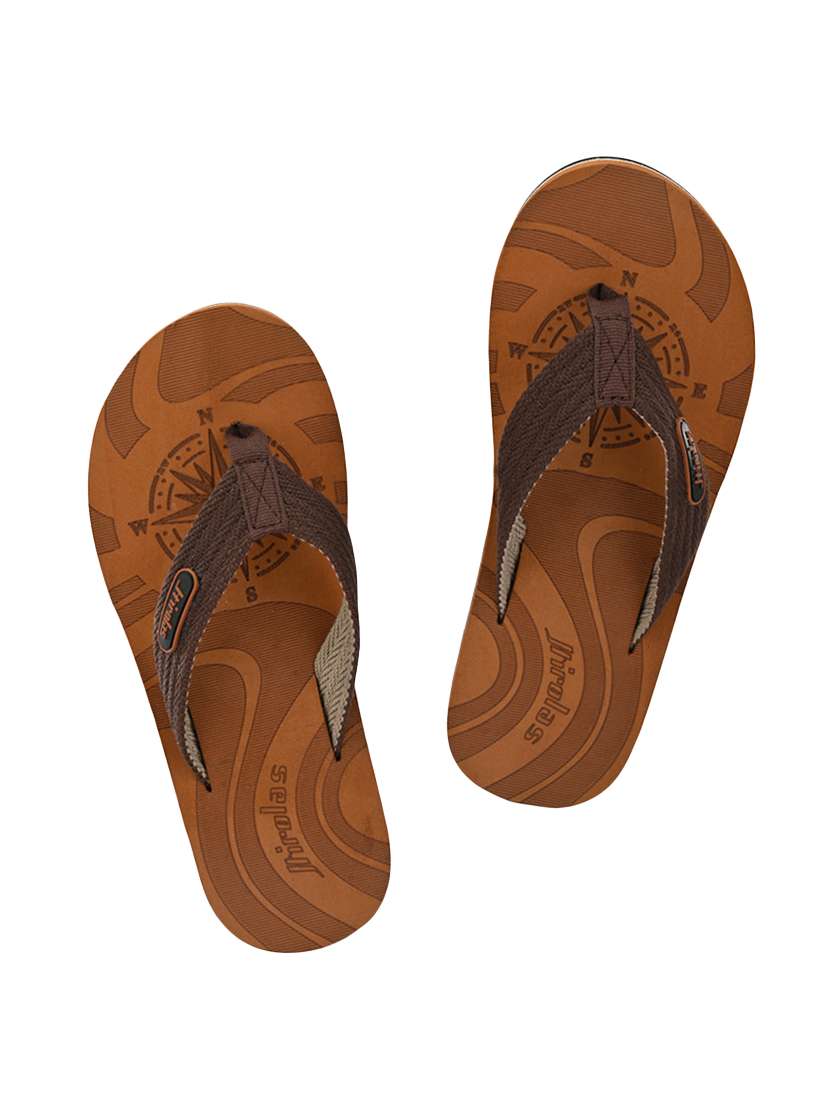 tan fabric slip on flip flops